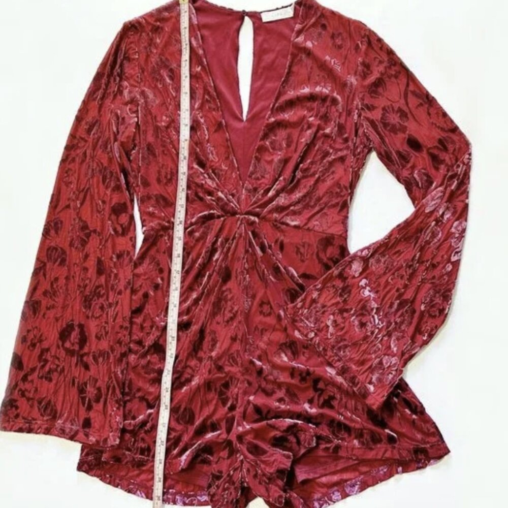 Red Velvet Burnout Romper with Long Sleeves, Jumpsuit with Shorts Women's size S - Picture 10 of 11